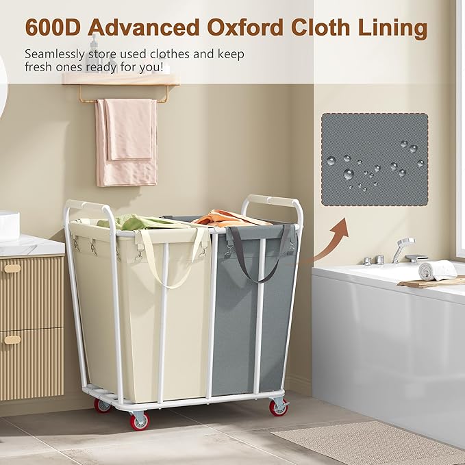 Hoctieon 2 Section Laundry Sorter Cart, 400L Rolling Hamper with Wheels, Industrial Laundry Basket Organizer, Extra Large Dirty Clothes Hamper for Home & Hotel, Heavy Duty, Gray+Beige