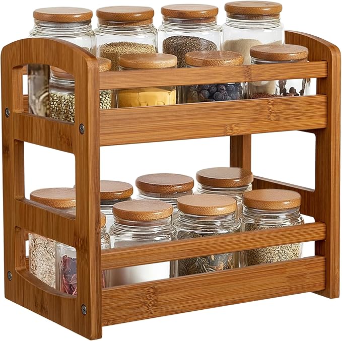 Briful Bamboo Spice Rack Organizer for Countertop, 2-Tier Seasoning Shelf Small Spice Holder for Kitchen Organization Pantry & Cabinet Decor, Brown