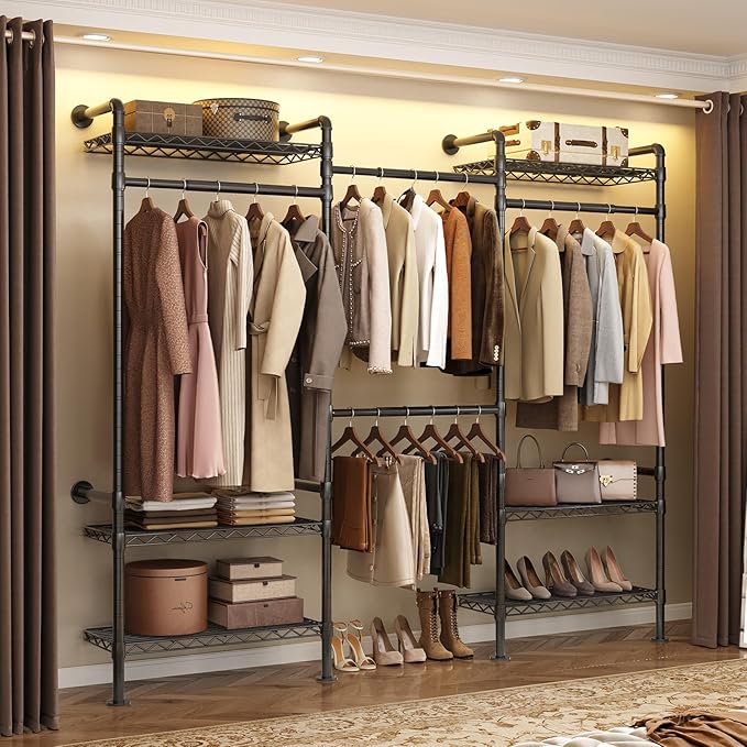 Wall-Mounted 3-Section Closet System, Expandable Industrial Pipe Clothing Rack with 4 Telescopic Rods & 6 Mesh Shelves, Heavy Duty Garment Organizer for Walk-In Closets & Bedrooms, Black
