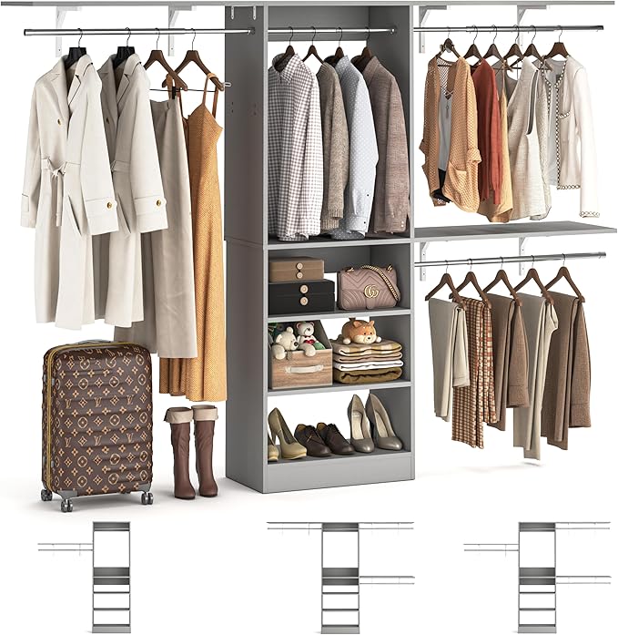 iSunirm 8FT Closet System with Shelves, 96'' Closet Organizer System with 3 Hanging Rods, Wall Mount Bedroom Wardrobe Walk-in Closet, Adjustable Cloth Garment Rack from 5 to 8FT (Cut to Fit), Grey