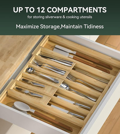 Expandable Silverware Organizer, Utensil Drawer Organizer & Cutlery Tray Dividers for Spoons Forks Knives (12 Slot,Natural Bamboo), 16.7”D x 13"-20”W x 1.97 “H
