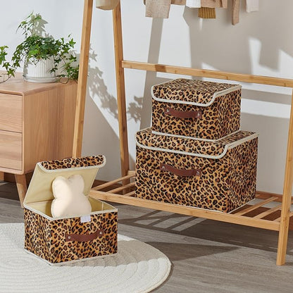 2PCS Storage Bin with Lid Leopard Print Cute Velvet Fabric Storage Basket Box Faux Leather Handles PP Plastic Board Foldable Washable Lidded Closet Shelf Organizer Container (Small Size)
