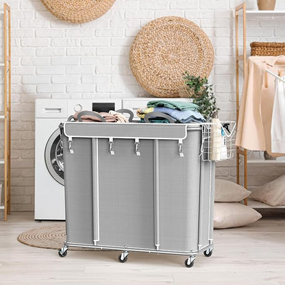 Simple Houseware Extra Large 2 Section Rolling Laundry Cart 265L (70 Gal) – Heavy Duty Hamper with 2 Removable Bags & 6 Smooth Wheels – Commercial Laundry Organizer for Home, Hotel, Dorm, Gym, Gray