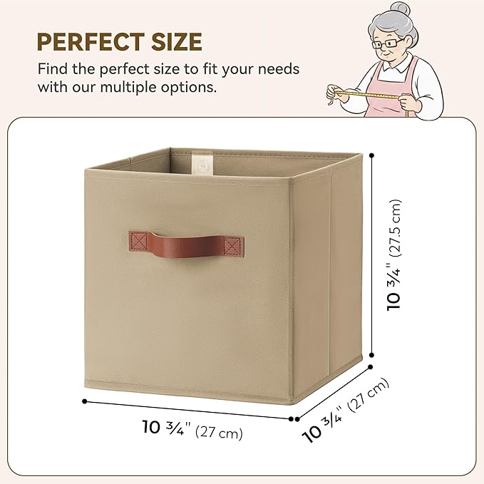 GRANNY SAYS Cube Storage Bins, 11 Inch Cube Storage Organizer with PU Handle, Khaki, Foldable Clothing Organizer Bins, Storage Baskets for Shelves, Closet, 6-Pack