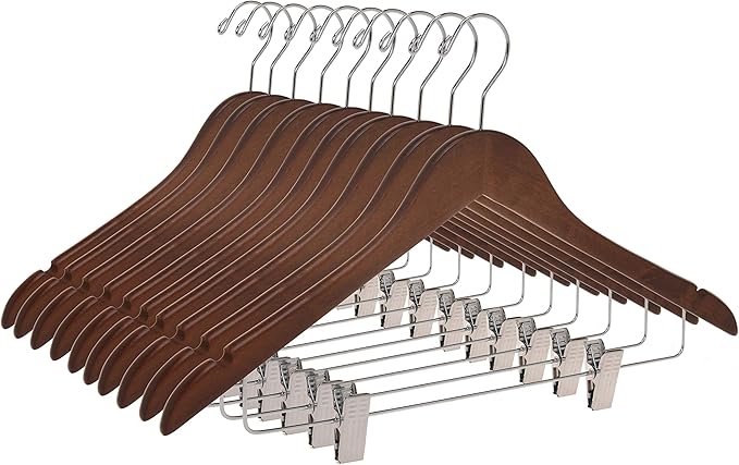Quality Wooden Skirt Hangers with Clips, 10-Pack Smooth Solid Wood Pants Hangers with Durable Adjustable Metal Clips, Swivel Hook, Coat, Jacket, Blouse Suit Hangers (Walnut - Chrome Hook, 10)