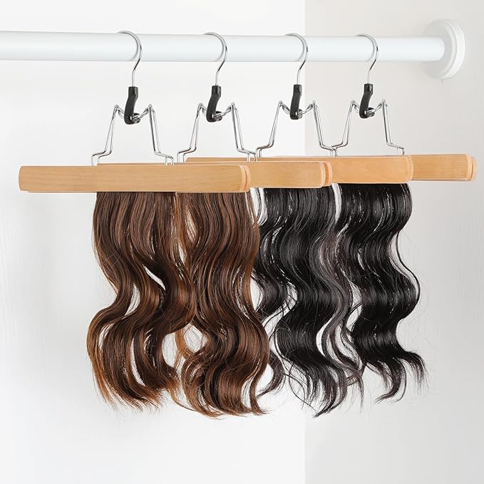 TOPIA HANGER 12 Pack Wooden Pants Hangers, Hair Extension Hangers Non Slip Skirt Hanger Wood Clamp with Velvet Padded 360° Swivel Hook for Jeans, Skirts, Trousers, Wigs Natural CT67N