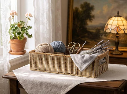 Rectangular Toilet Paper Baskets, 16 ¼"L x 6 ¾"W x 4 ½"H Nesting Plastic Wicker Basket with Built-in Handles, Woven Long Narrow Baskets for Pantry Bathroom Toilet Tank Top Countertop, 2 Pack