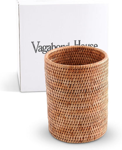 Vagabond House Hand Woven Rattan Utensils Holder - 8 Inches Tall x 5.5 Inches Diameter - Natural and Durable Eco-Friendly Material for Storing and Organizing Kitchen Utensils