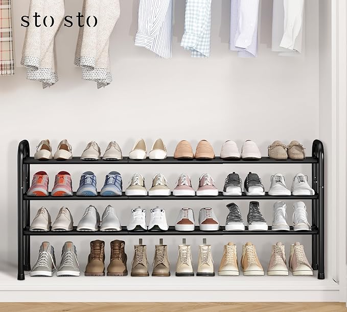 STO STO Long Expandable Shoe Rack 3-Tier, Adjustable Length 33.7”–47.5” Shoe Organizer, Metal Shoes Storage Shelf, Holds Up to 24 Pairs, Non-Slip Feet, for Closet, Entryway, Hallway, Front Door, Black