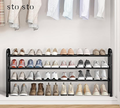 STO STO Long Expandable Shoe Rack 3-Tier, Adjustable Length 33.7”–47.5” Shoe Organizer, Metal Shoes Storage Shelf, Holds Up to 24 Pairs, Non-Slip Feet, for Closet, Entryway, Hallway, Front Door, Black