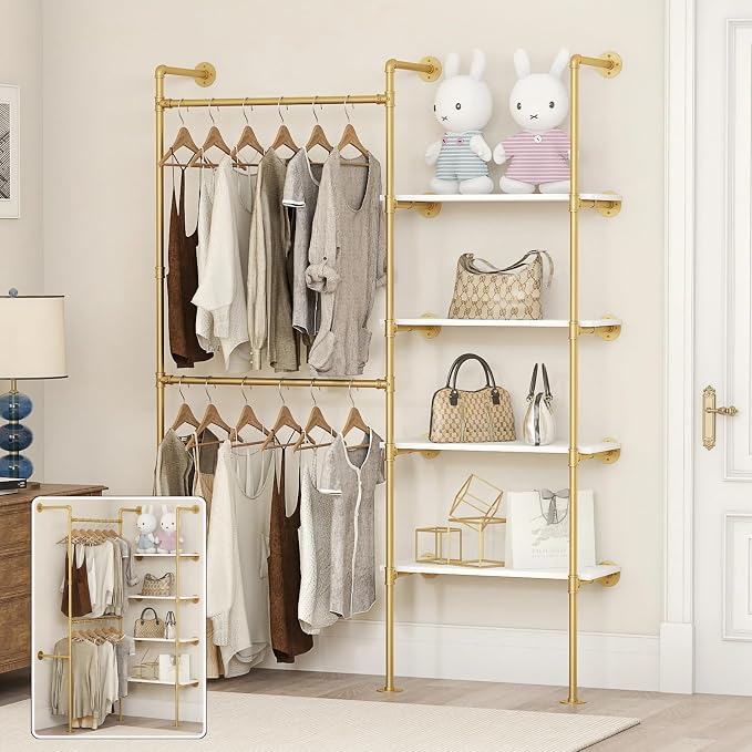 Industrial Pipe Clothing Rack, Heavy Duty Adjustable Garment Hanger with Shelves, 2 Installation Methods Closet Storage System for Wardrobe Organization (Gold, 80" H x 55" W)