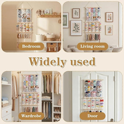 Hair Clip Holder Organizer Macrame Bow Organizer for Girls,Headband Holder Hair Accessories Storage Large Capacity Wall Hanging for Door Bedroom Wardrobe Home Decor (Beige B)