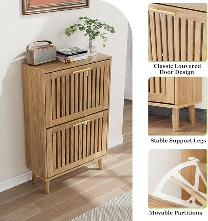 Shoe Storage Cabinet with Louvered 2 Flip Drawers, Narrow Shoe Cabinet Storage for Entryway, Freestanding Shoe Organizer Cabinet with Golden Handles, Slim Shoe Rack Cabinet 23.5in (Natural Wood)