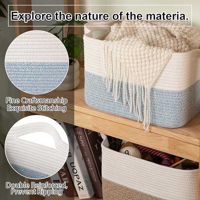 OIAHOMY Woven Storage Basket for Shelves, Rectangle Cotton Rope Baskets for Organizing, 13 x 10 x 9 in, Storage Bins for Dog Toys,Towel,Books,Gift,Blue and White