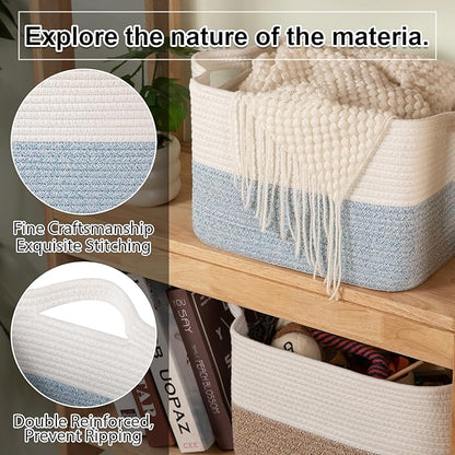OIAHOMY Woven Storage Basket for Shelves, Rectangle Cotton Rope Baskets for Organizing, 13 x 10 x 9 in, Storage Bins for Dog Toys,Towel,Books,Gift,Blue and White