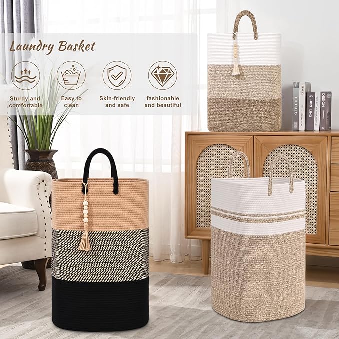 Woven Laundry Basket for Clothes, 50 L Large Rectangle Laundry Hampers with Beads Tassel, Nursery Storage Basket for Toys, Tall Dirty Clothes Hamper for Bedroom Aesthetic, Laundry Room Organization