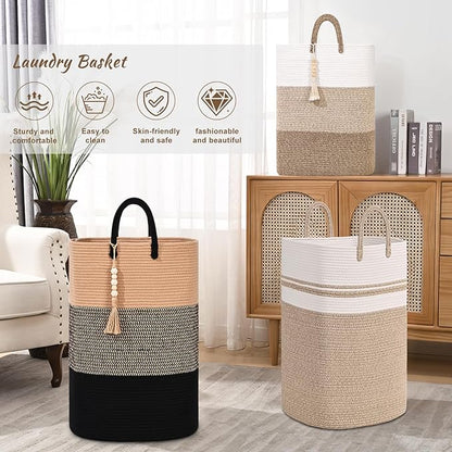 Woven Laundry Basket for Clothes, 50 L Large Rectangle Laundry Hampers with Beads Tassel, Nursery Storage Basket for Toys, Tall Dirty Clothes Hamper for Bedroom Aesthetic, Laundry Room Organization