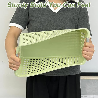 Soddeph Slim Plastic Storage Basket with Handles, Narrow Organizer box for Shelves, Organizer box for Organizing, Kitchen,Home,Office (Green, Medium)