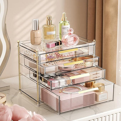 Aveniee 4 Drawers Makeup Organizer- Bathroom Counter Organizers and Storage, Plastic Bins Versatile Perfume Vanity Desk Organization for Cosmetic, Skincare, Face Mask, Jewelry, Clear