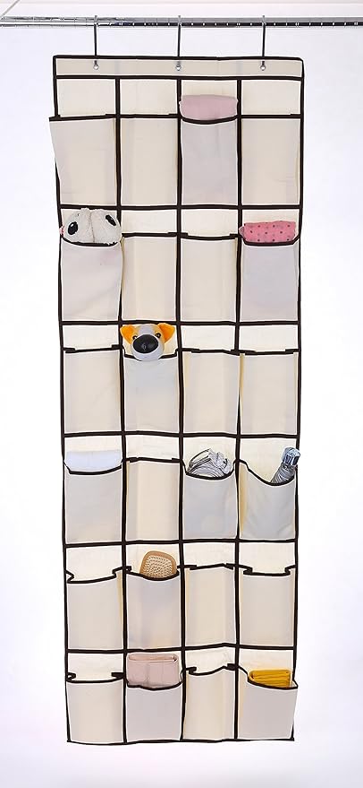 YBM HOME Ybmhome 24 Pocket Fabric Hanging Over The Closet Rod Shoe Storage Rack Organizer with 4 Metal Hanger Hooks Natural w/Brown Trim 2207 (1)