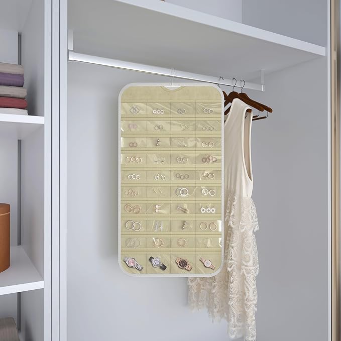 Hanging Jewelry Organizer Storage, 40 Pockets 36 Hooks Necklace Earring Bracelet Ring Organizer, Double - Sided Design, White and Beige