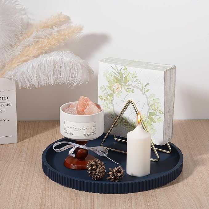 Silicone Bathroom Tray Round Kitchen Counter Organizer Decorative Vanity Accessories Coffee Table Decor for Perfume, Candle, Soap Dish, 12 Inch, Dark Blue
