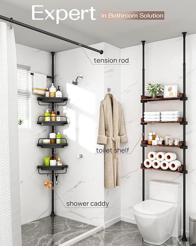ALLZONE Corner Shower Caddy Tension Pole, Extendable Rustproof Stainless Steel Pole & 4-Tier Adjustable Shelves for Easy Drainage and Built-to-Last Stability, 34 to 116 Inches, Black