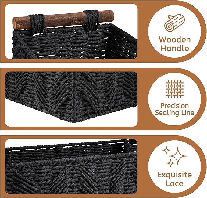Bathroom Baskets for Organizing with Handle Decorative Basket for Bathroom Countertop Storage Toilet Paper Storage Basket for Toilet Tank Top Small Baskets Set,Black