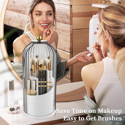Makeup Brush Holder with Lid 360 Rotating Makeup Brush Organizer, Dustproof Waterproof Material & with 3 Compartments for Organized Storage, Dressing Tables Clear Storage Skincare Cosmetic (Grey)
