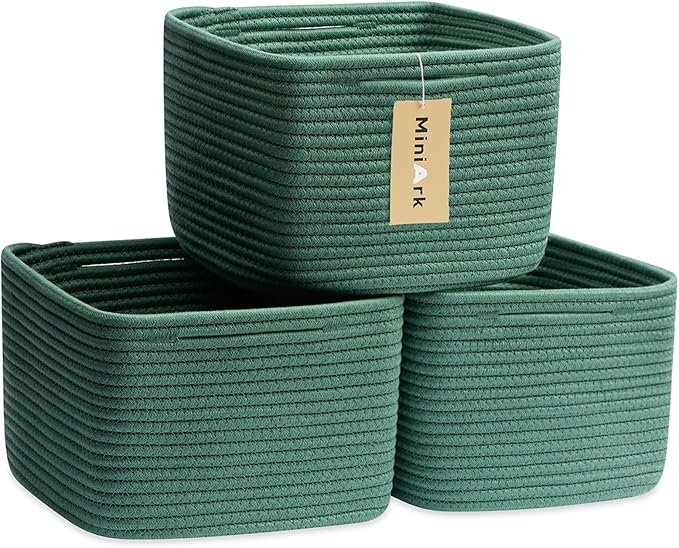 MiniArk Small Organizing Baskets for Cubes Shelf, 9.7x9.7x7.1 Inch Rope Woven Storage Bins for Nursery Shelves Storage, Cute Toy Basket, Square 3 Packs Green
