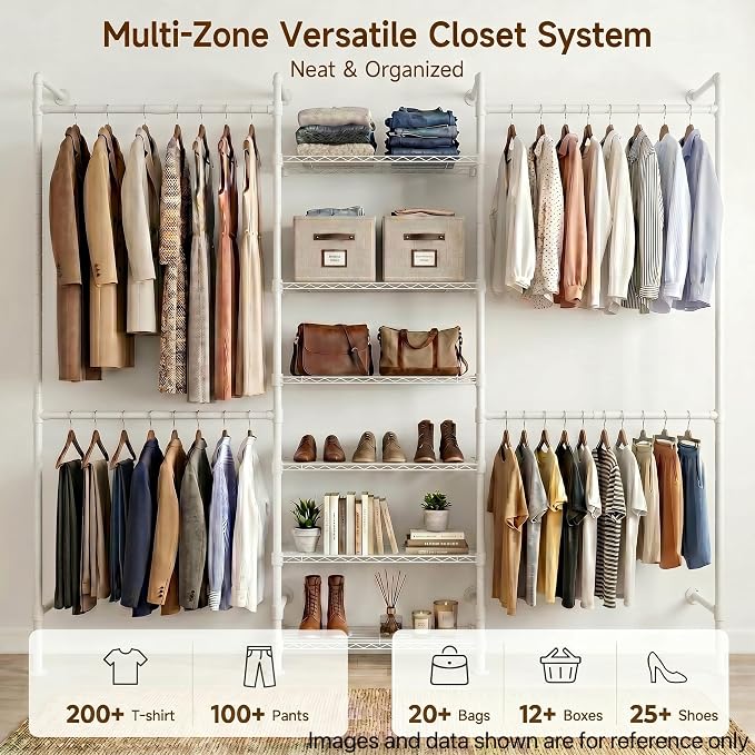 F3 Wall Mounted Closet System, Industrial Pipe Clothing Rack for Hanging Clothes, Heavy Duty Closet Organizer System, Clothes Racks with Shelves & Expandable Rod for Wardrobe, Corner, White