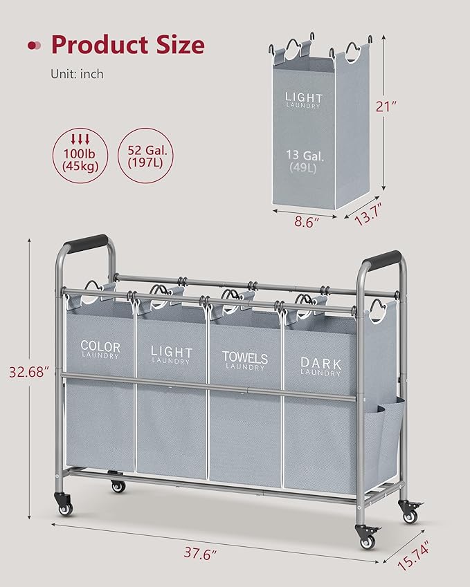 Tajsoon 4 Bag Laundry Sorter Cart, 4 Section Laundry Hamper Sorter with Heavy Duty Lockable Rolling Wheels, Laundry Separator Hamper with Removable Bags for Dirty Clothes Storage, Grey & White