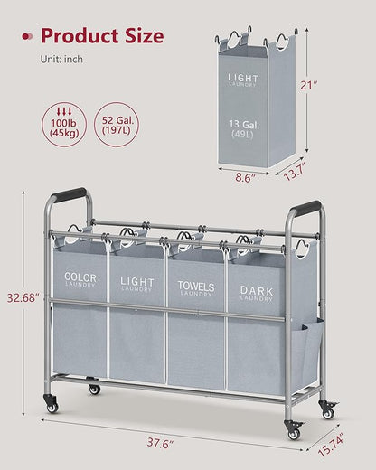 Tajsoon 4 Bag Laundry Sorter Cart, 4 Section Laundry Hamper Sorter with Heavy Duty Lockable Rolling Wheels, Laundry Separator Hamper with Removable Bags for Dirty Clothes Storage, Grey & White