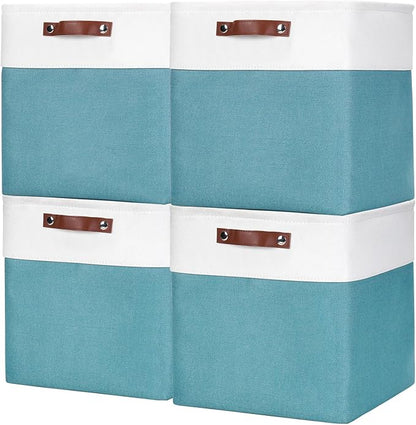 Bagnizer 13x13 Cube Storage Bins, Collapsible Fabric Storage Box, 4 Pack Closet Baskets with Handles for Organizing, Shelf, Toys, Clothes, Home, Office, Nursery (Teal&White)