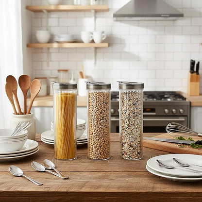 3 Pcs Spaghetti Pasta Container with Airtight Lid 48oz Clear Tall Pasta Holder Spaghetti Food Storage Container Leakproof for Noodles Beans Oats Coffee Beans Rice Flour Oatmeal
