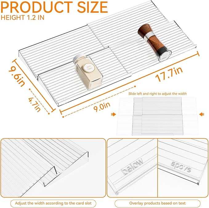 Yieach 4 Pack Adjustable Narrow In Drawer Spice Organizer - Expandable From 9'' to 17.7'' - Acrylic Drawer Seasoning Organizer,Clear Spice Drawer Insert Tray for Drawers Condiment,Jar Organization
