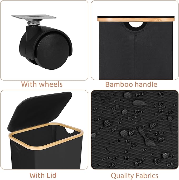 Laundry Basket with Wheels,100L Hampers for Laundry,Black Large Laundry Hamper with Lid and Bamboo Handles,Collapsible & Waterproof Tall Cloth Hamper for Dormitory Family