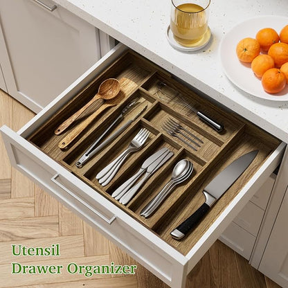 Kiasthome Acacia Wood Kitchen Silverware Drawer Organizer, Expandable Utensil Cutlery Drawer Organizer with Dividers, Flatware Organizer Silverware Tray for Spoon, Fork, 13''-21''x16.9'' (6-8 Slots)