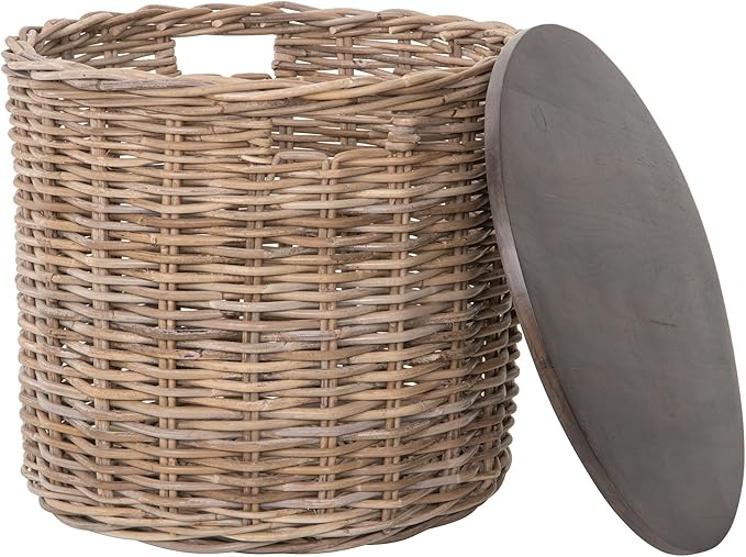 Kouboo Round Rattan Storage Basket with Wood Lid Side or End Table with Hidden Storage for Blankets Pillows & More