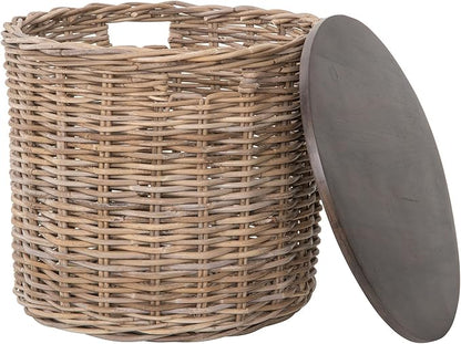 Kouboo Round Rattan Storage Basket with Wood Lid Side or End Table with Hidden Storage for Blankets Pillows & More