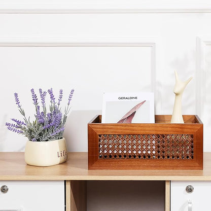 Wooden Storage Basket Handmade Rattan Drawer Storage Box with Frame & Handles Decorative Natural Bamboo Woven Bins Rustic Farmhouse Decor Home Office Tabletop Shelf Organizer 15" x 11" x 5.9"