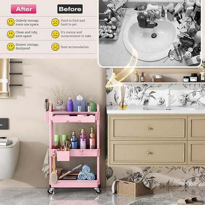 Goovilla Rolling Makeup Organizer Cart with Removable Drawer, 3 Tier Stable Pink Floor Skincare Storage Cart for Vanity, Cosmetic Display, Nail Polish, Perfume, Hair Stuff, Beauty, Bathroom(Plastic)