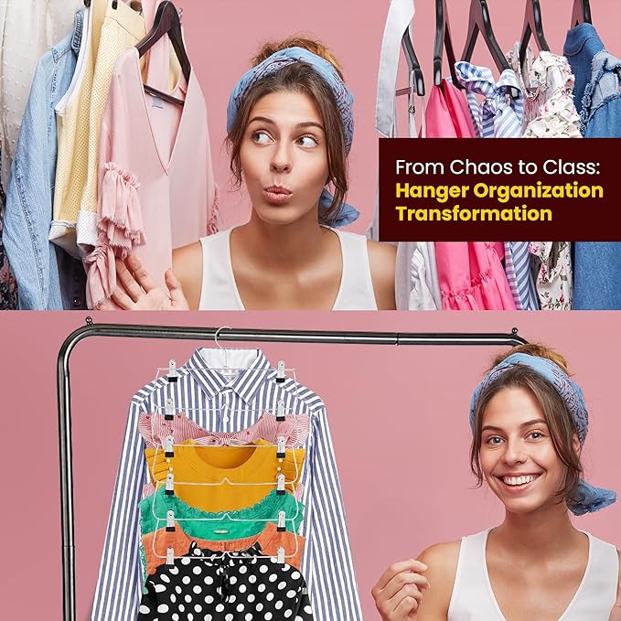 2 Pack - 6 Tier Skirt Hangers, Closet Space Saver with Clips for Pants, Shorts, Skirts, Leggings