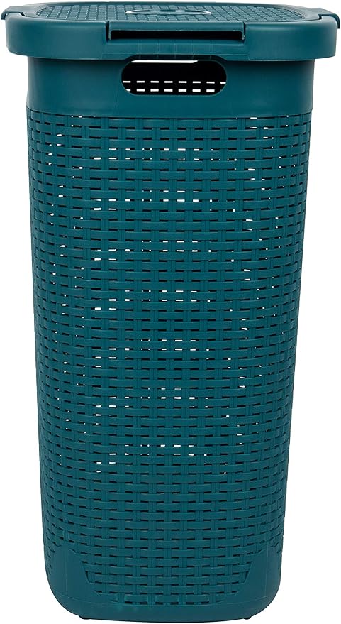 Mind Reader Slim Laundry Hamper with Lid, 60L Tall Clothes Basket, Narrow Tapered Design for Bathrooms, Closets and Laundry Rooms, Plastic, Blue