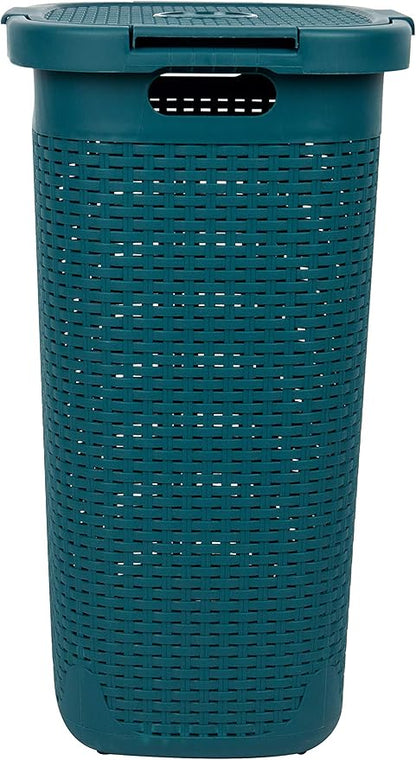 Mind Reader Slim Laundry Hamper with Lid, 60L Tall Clothes Basket, Narrow Tapered Design for Bathrooms, Closets and Laundry Rooms, Plastic, Blue