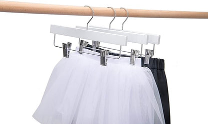 Quality 11 Inches Kids Wooden Pants Hangers 20 Pack - Skirt Hangers with Adjustable Metal Clips 360° Swivel Chrome Hook & Nonslip Notches- Ideal for Clothes Size 8 and Smaller (White, 20)
