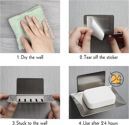 Soap Dish for Shower Wall, Stainless Steel Adhesive Soap Holder for Bathroom, 5 Slot Sponge Holder for Kitchen Sink, Bar Soap Tray with Drain Silver
