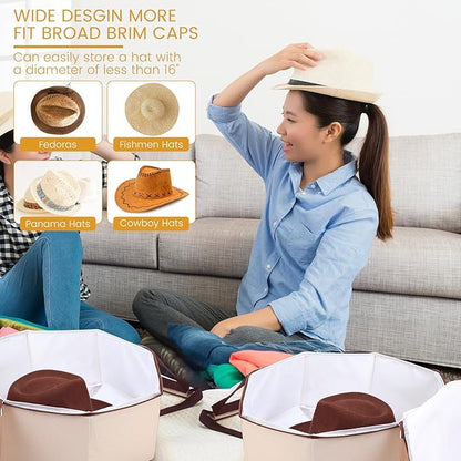 Wonderjune 2 Pcs Cowboy Hat Box for Storage Collapsible Sturdy Cowboy Hat Case with Handle for Men and Women Travel Storage Organizer Large Cap Bag for Closet (White)
