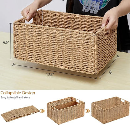 Vagusicc Wicker Storage Basket, Set of 2 Hand-Woven Paper Rope Wicker Basket, Small Storage Baskets for Organizing Toilet Paper, Foldable Large Cube Storage Organizer Bins for Shelves (Natural)