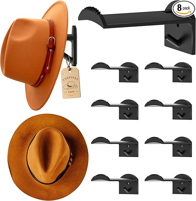 2.9Inch Hat Hooks for Wall - (8 Pack) Cowboy Hat Rack,SuitableSun Hats, Fedora, Wide Brim Hats Strong Hold Hat Hangers for Wall，Western Room Decor- (Black)